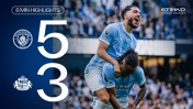 Manchester City players celebrate after scoring in a match against Sunderland AFC. The score is displayed as 5-3 on the left panel. The image includes team logos and highlights description.