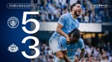 Manchester City players celebrate after scoring in a match against Sunderland AFC. The score is displayed as 5-3 on the left panel. The image includes team logos and highlights description.