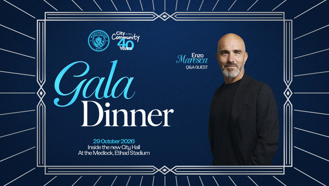 Manchester City Gala Dinner invitation for 29 October 2026, at the Medlock, Etihad Stadium, featuring Enzo Maresca as a Q&A guest.