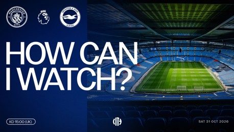 Promotional image for an upcoming Manchester City vs Brighton & Hove Albion match on October 31, 2026, asking how viewers can watch. Includes team logos, Premier League logo, and Etihad Stadium image.