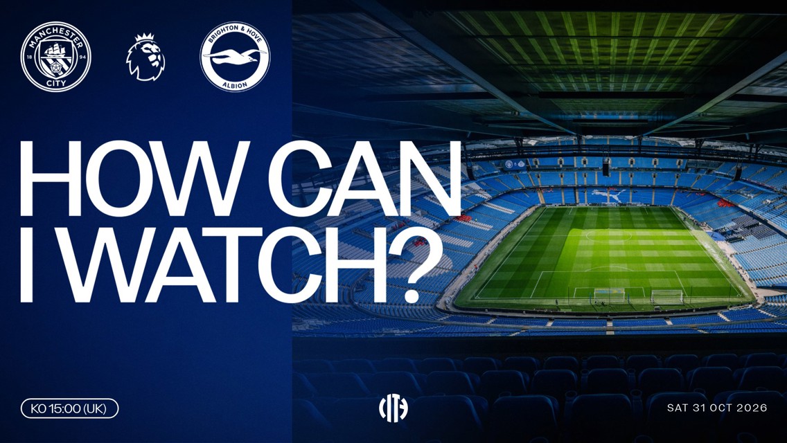 Promotional image for an upcoming Manchester City vs Brighton & Hove Albion match on October 31, 2026, asking how viewers can watch. Includes team logos, Premier League logo, and Etihad Stadium image.