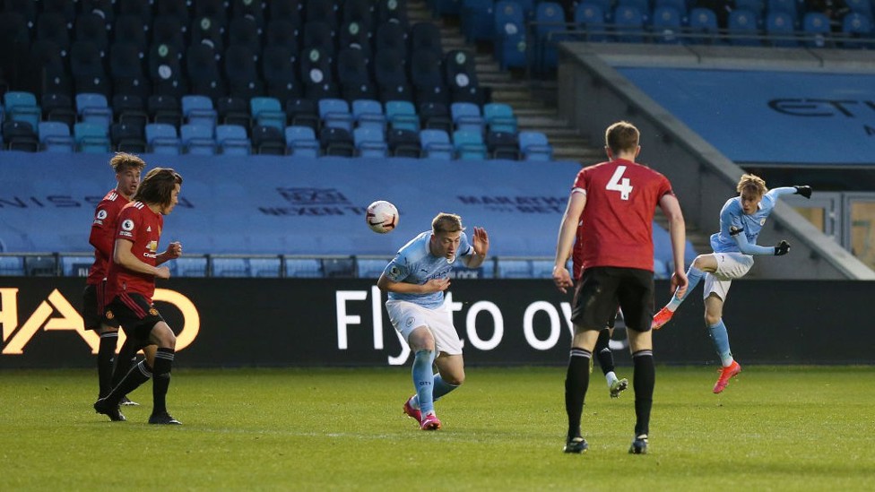 DERBY DELIGHT : City moved to within touching distance of the PL2 title with a dominant 3-0 victory over rivals Manchester United at the Academy Stadium in our last match