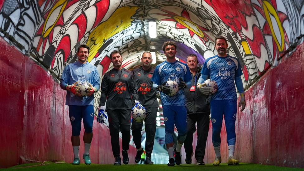 ON THEIR WAY : Ortega Moreno leads out the goalkeepers at Red Star Belgrade this season