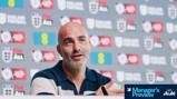 A person speaking at a press conference with an England Football background. The lower-third graphic reads 'Manager's Preview' sponsored by Asahi Super Dry.