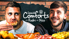 Spanish Comforts header featuring blurred faces with food, names Rodri and Nico, and Manchester City logo on a brick wall background.