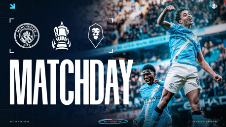 Manchester City FA Cup matchday poster showing Manchester City logo, FA Cup icon, and opponent crest with blurred players celebrating a goal. Date: Sat 14 Feb 2026, Kick-off: 15:00 (UK).