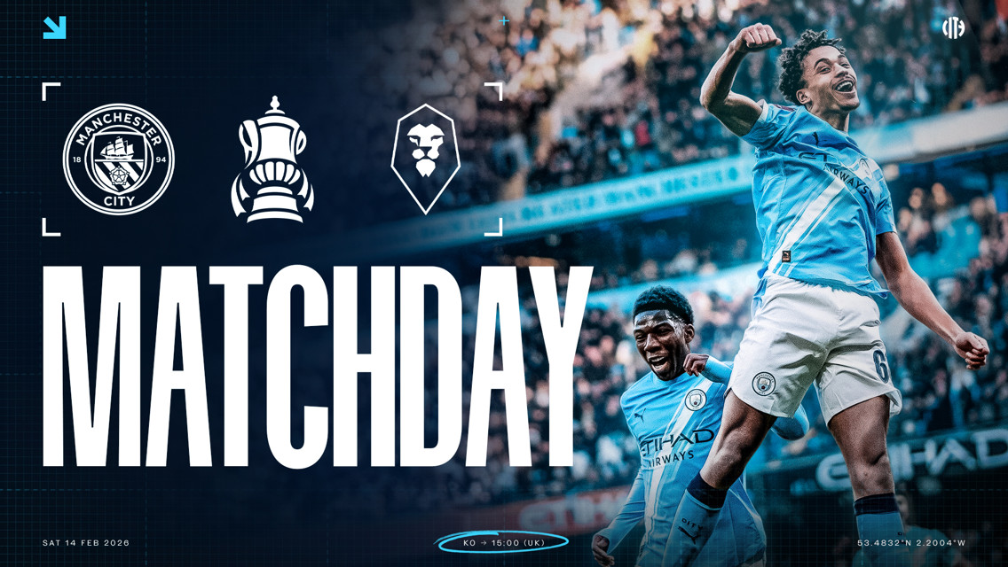 Manchester City FA Cup matchday poster showing Manchester City logo, FA Cup icon, and opponent crest with blurred players celebrating a goal. Date: Sat 14 Feb 2026, Kick-off: 15:00 (UK).