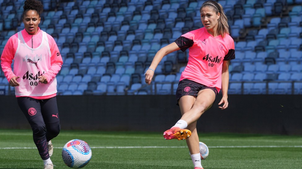 PASS MASTER: Laia Aleixandri pings in a through ball with Demi Stokes in close attendance.