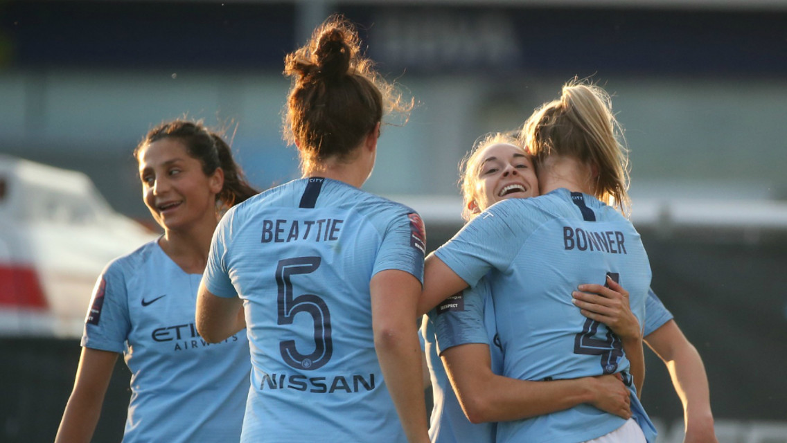 BONNER BEST: The team congratulate Gemma Bonner on her first City goal