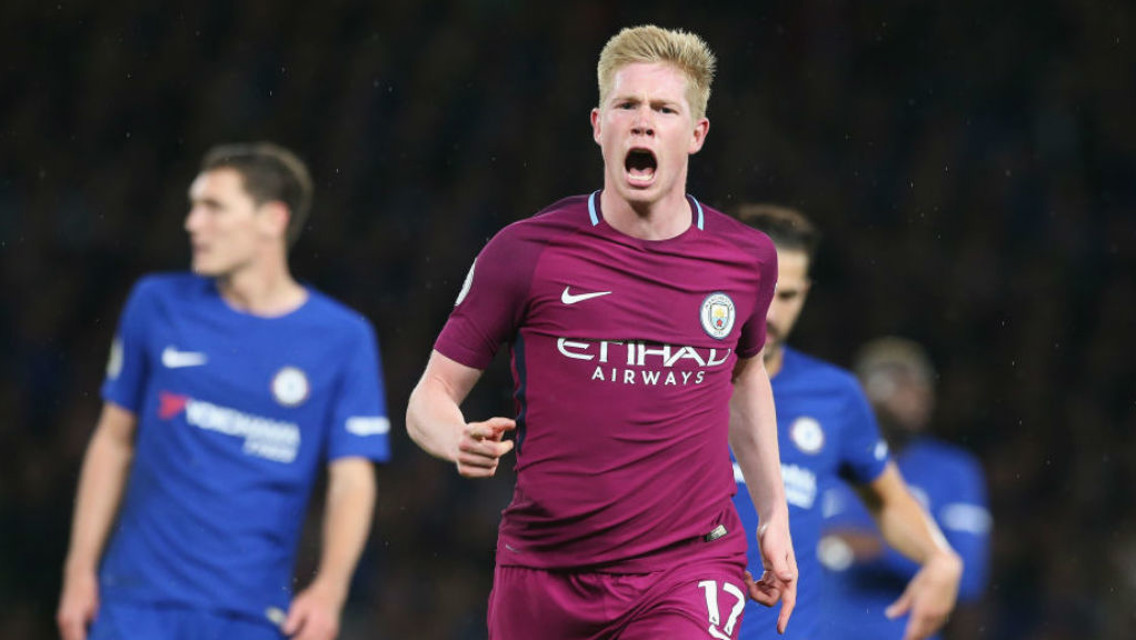SPECIAL K: Kevin De Bruyne celebrates after his wondergoal in a crucial win at Chelsea