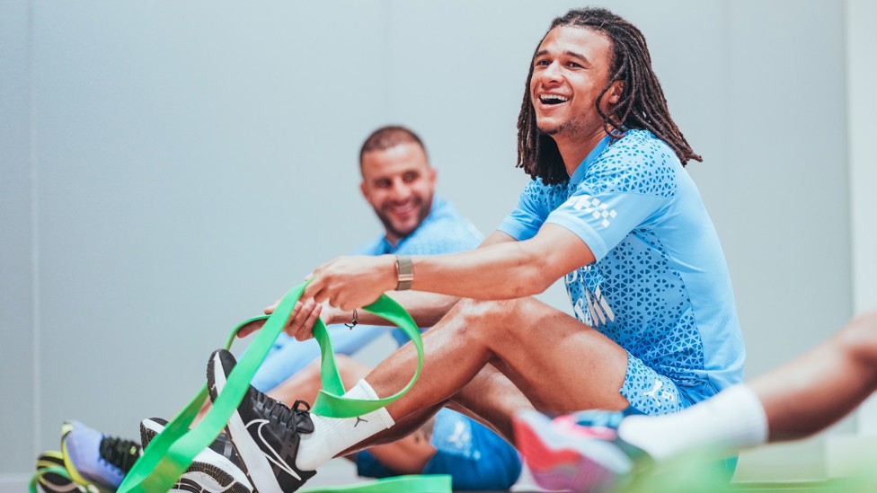 TIME TO STRETCH : Nathan Ake enjoying the important recovery session.