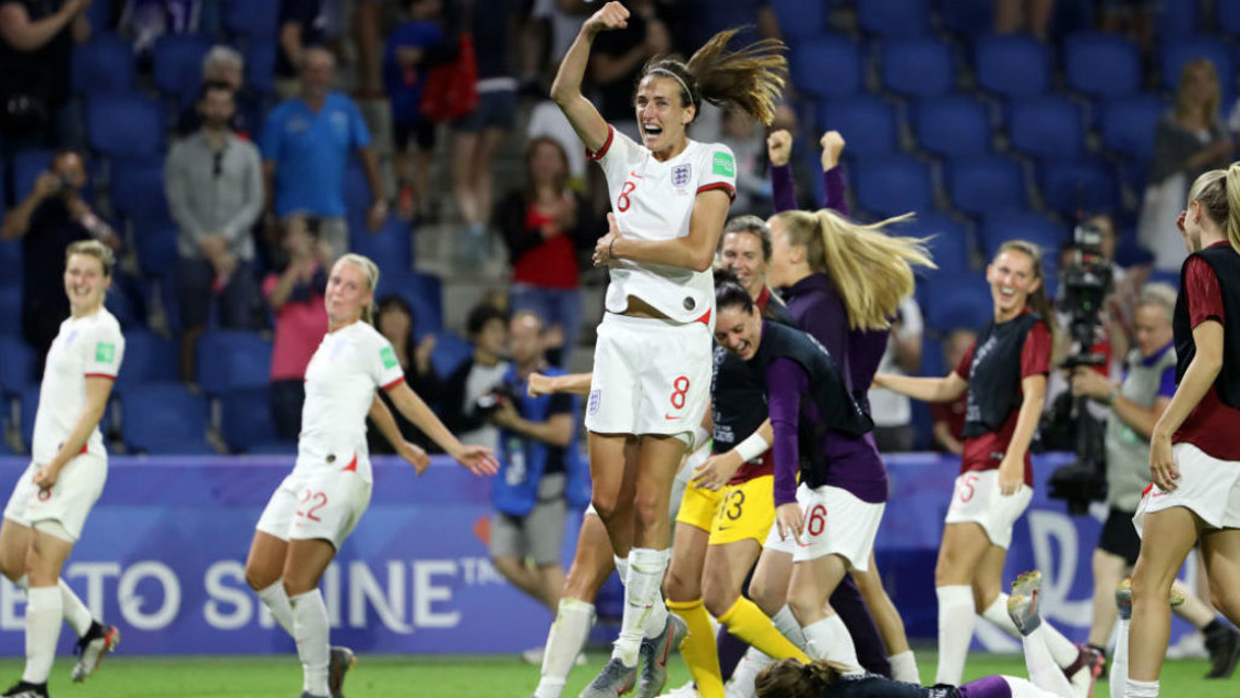 JUMPING FOR JOY: Jill Scott can't contains her delight as England celebrate after their 3-0 World Cup quarter-final win over Norway