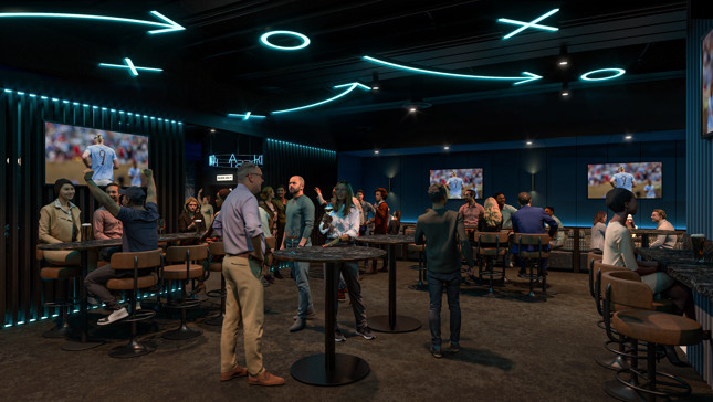 A dimly lit sports bar with multiple screens showing a game. Patrons are standing and sitting at high tables, engaging with each other and the game. The ceiling features neon designs resembling sports tactics.