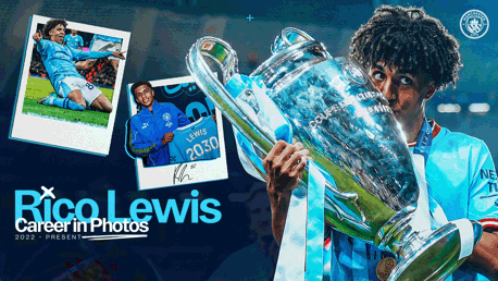 The image showcases Rico Lewis celebrating as part of Manchester City, featuring photographs of his career from 2022-present with the UEFA Champions League trophy.