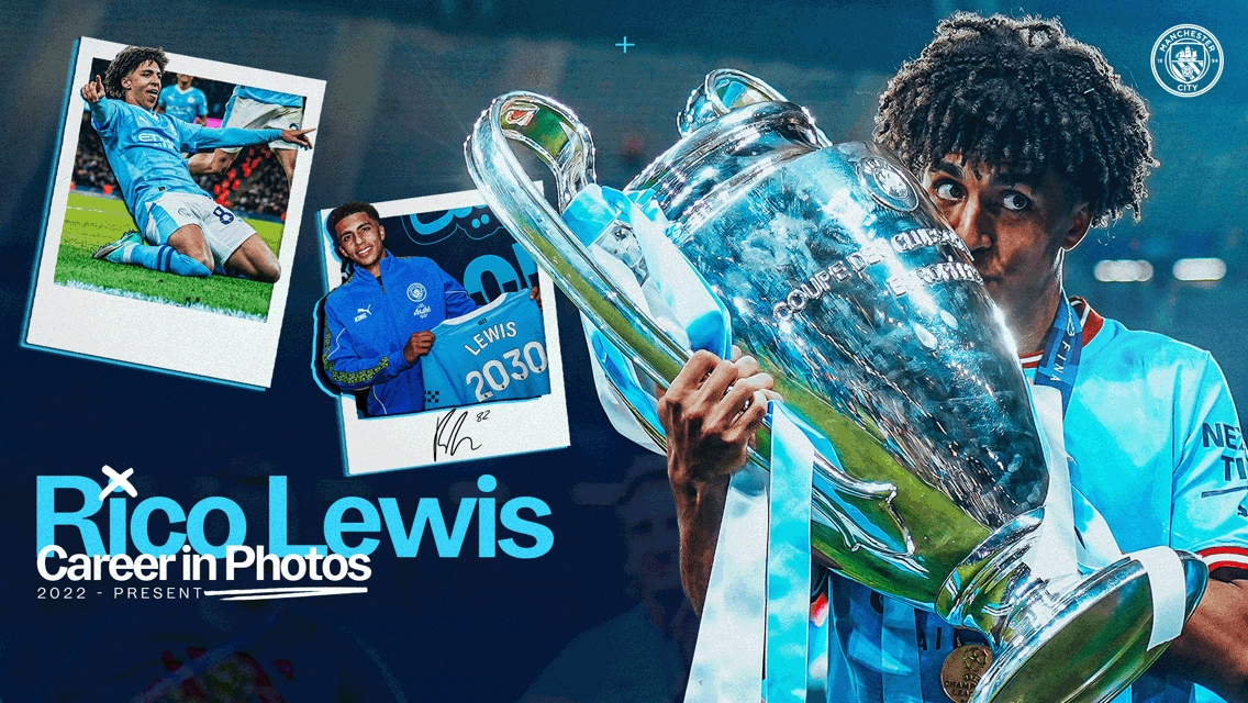The image showcases Rico Lewis celebrating as part of Manchester City, featuring photographs of his career from 2022-present with the UEFA Champions League trophy.