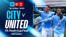 Poster for the FA Youth Cup Final between City and United on Thursday, May 14 at 19:00. Logos of Manchester City, Manchester United, and The FA Youth Cup are displayed.