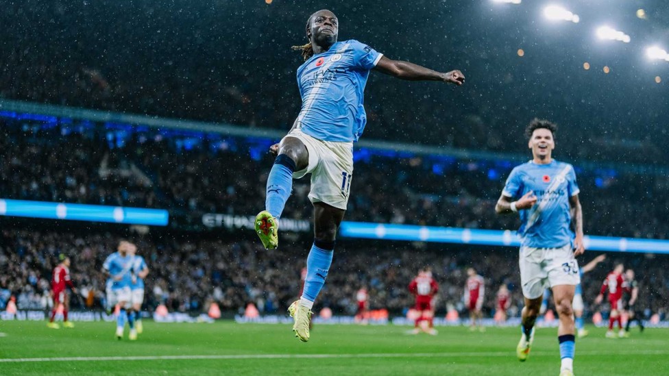 WOW : Doku jumping for joy after his goal in our Premier League win over Liverpool in 2025/26. 