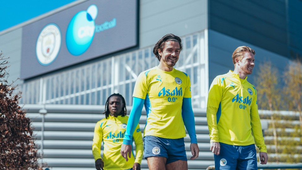 READY TO RUMBLE: Kevin De Bruyne, Jack Grealish and Jeremy Doku get set for business.
