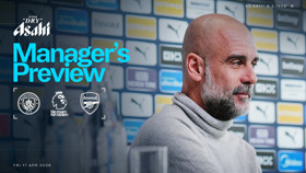 A manager's preview for Manchester City vs Arsenal featuring logos and date, sponsored by Asahi with coordinates.