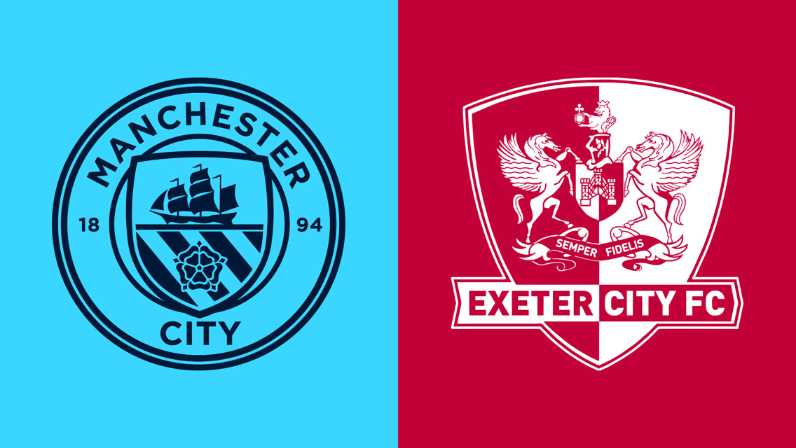 The image shows the logos of Manchester City and Exeter City FC side by side, with Manchester City's logo on a blue background and Exeter City's logo on a red background.
