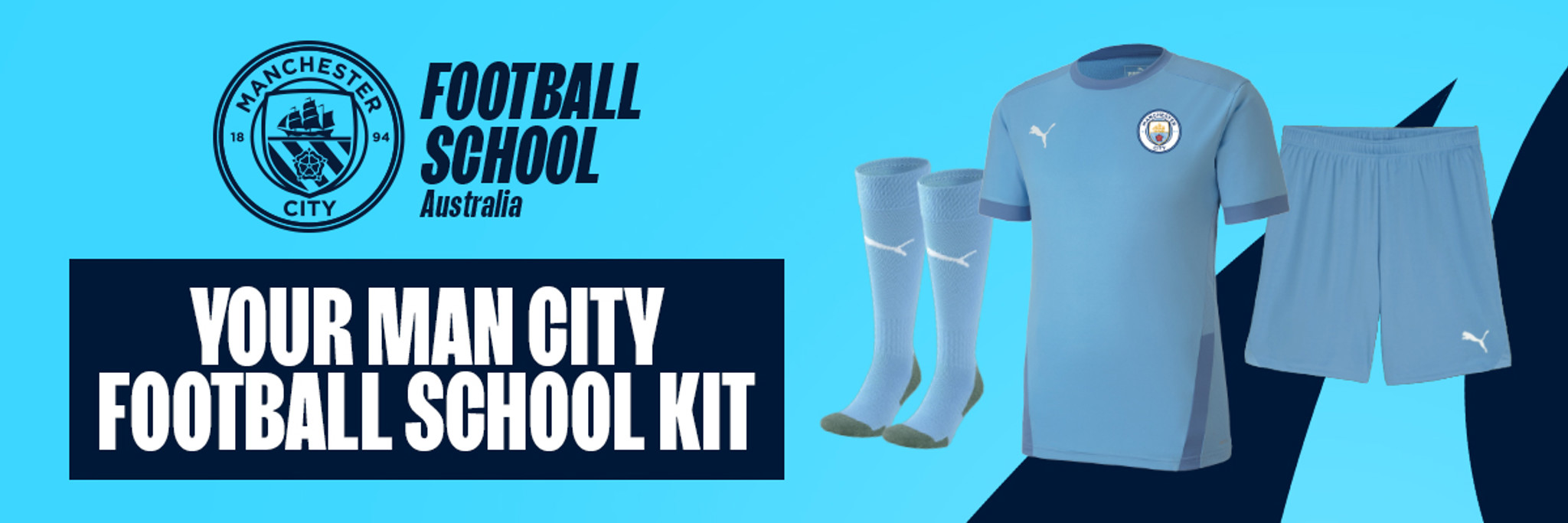 Graphic showing Manchester City Football School Australia kit consisting of Puma branded socks, shorts, and shirt in light blue colors.