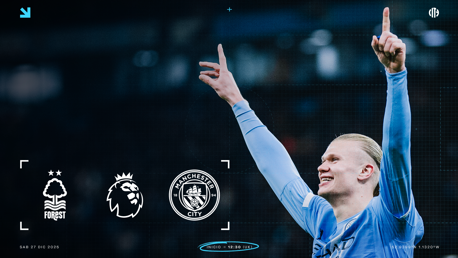 Poster featuring a player in a blue jersey celebrating, with logos of Nottingham Forest, Premier League, and Manchester City. Date: 27 Dec 2025. Time: 12:30 UK.