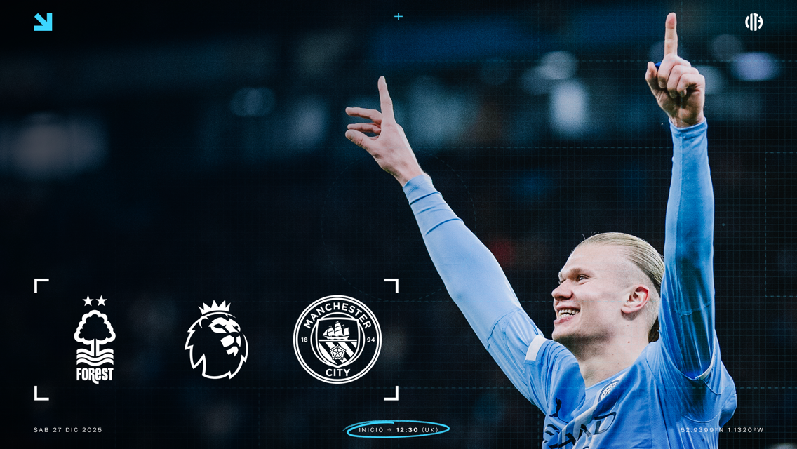 Poster featuring a player in a blue jersey celebrating, with logos of Nottingham Forest, Premier League, and Manchester City. Date: 27 Dec 2025. Time: 12:30 UK.