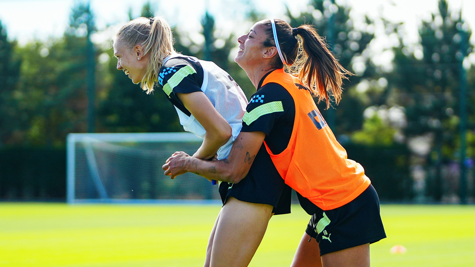 TOUCH TIGHT : Esme Morgan is held back by Leila Ouahabi