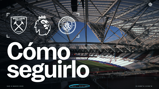 Promo for West Ham United vs Manchester City match on 14 March 2026 at 20:00 UK time, held at a stadium. Includes both team logos and Premier League logo.