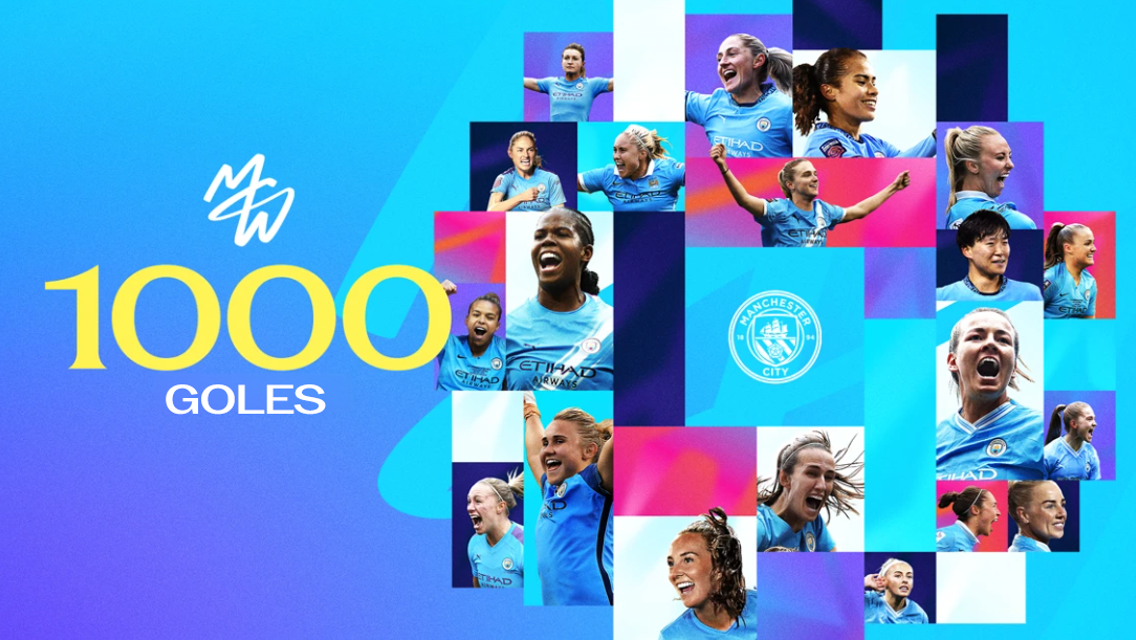 A collage celebrating Manchester City Women's achievement of 1000 goals. Includes multiple players in blue kits and the Manchester City logo.