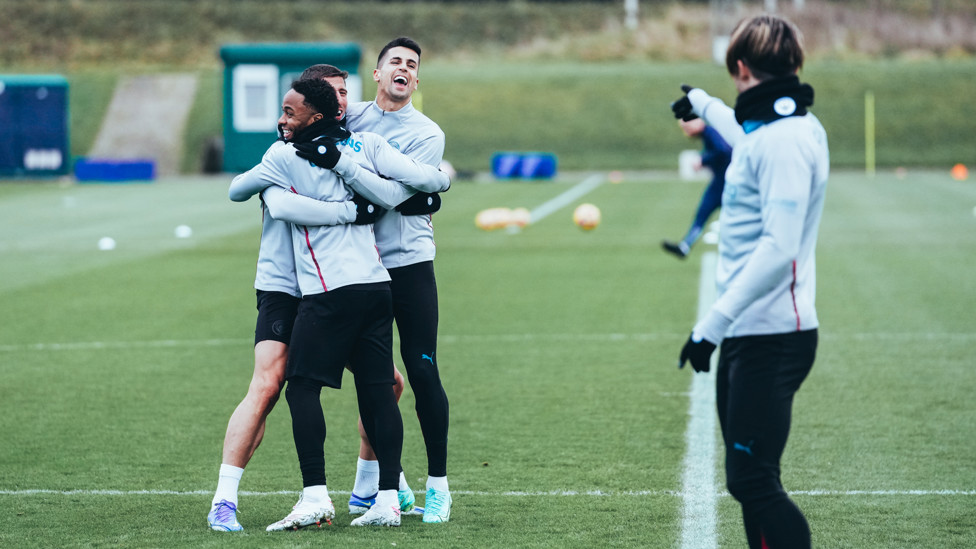 ALL TOGETHER NOW : Ruben Dias, Raheem Sterling and Joao Cancelo get up close and personal
