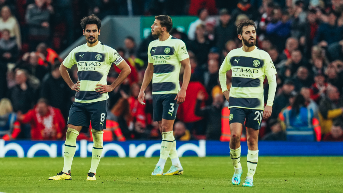 SETBACK: The players react as Salah opens the scoring for the hosts.