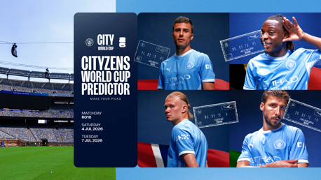 A promotional image for the Cityzens World Cup Predictor event featuring Manchester City players in blue jerseys. Includes matchday information for the round of 16, scheduled on 4th and 7th July 2026.