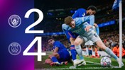Manchester City 2-4 Paris Saint-Germain score with players in action near the corner flag.