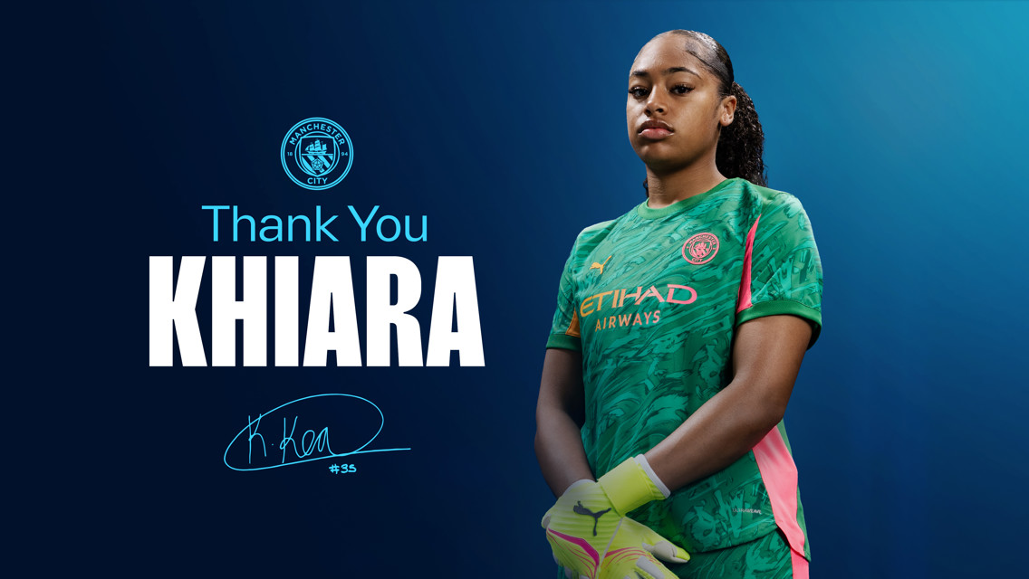 A Manchester City-themed graphic featuring a player in a green kit with pink details. The text reads 'Thank You Khiara' with a Manchester City logo above.