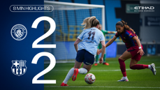 The image displays a promotional soccer match result between Manchester City and FC Barcelona, ending in a 2-2 draw. It features player action and logos of both teams.