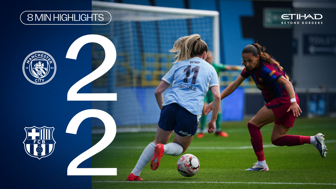 The image displays a promotional soccer match result between Manchester City and FC Barcelona, ending in a 2-2 draw. It features player action and logos of both teams.