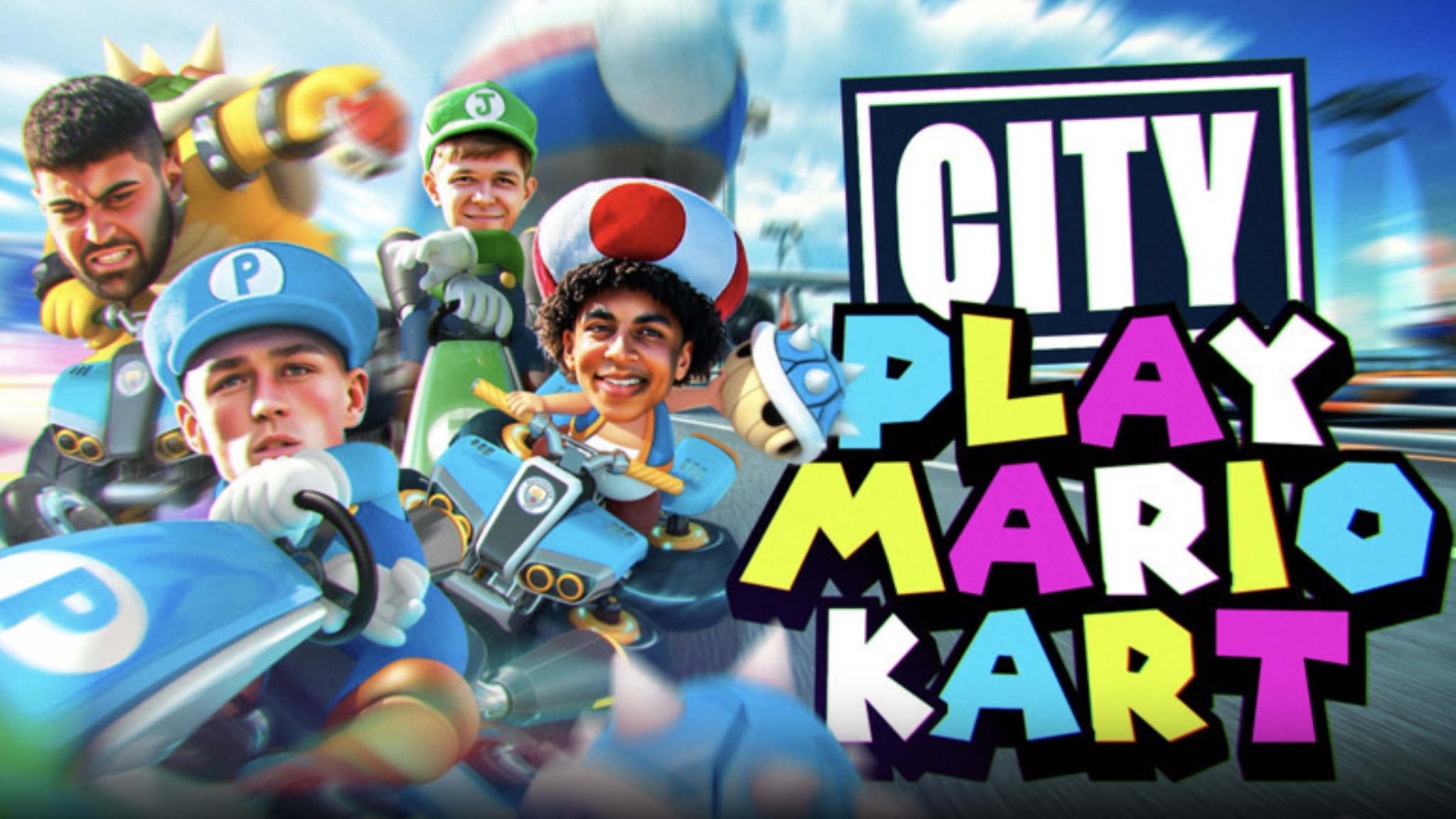 Graphic with cartoon characters driving go-karts and the text 'CITY PLAY MARIO KART'.