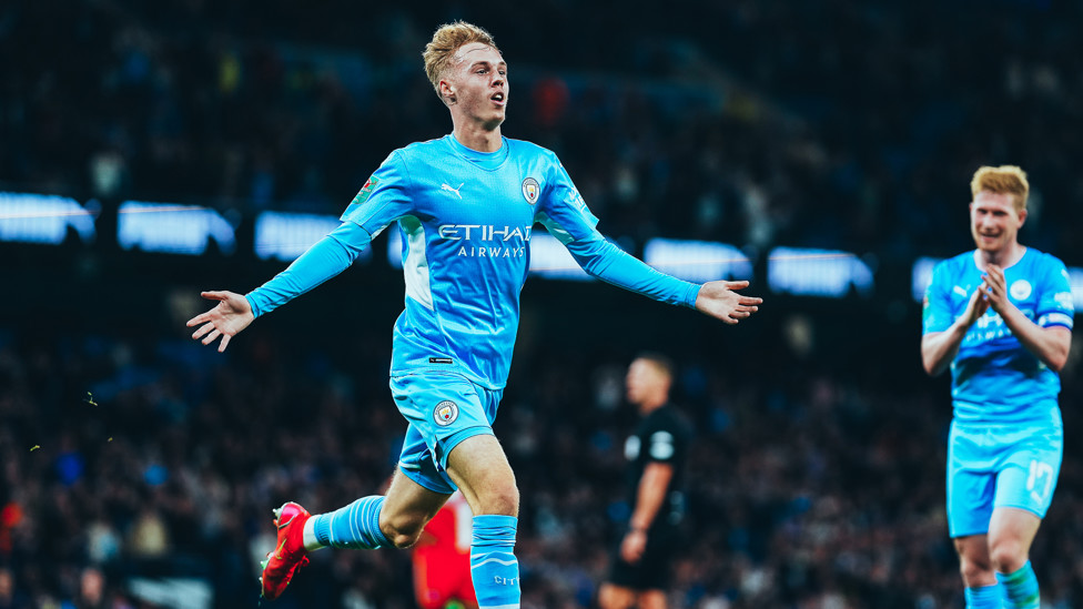YOUNG GUNS : Cole Palmer celebrates his first senior goal as six youngsters make their debut in a 6-1 win over Wycombe, 21 September 2021.
