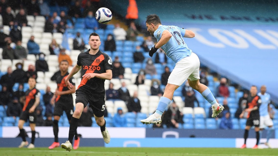 DOUBLE TROUBLE: Aguero heads in his second of the game!