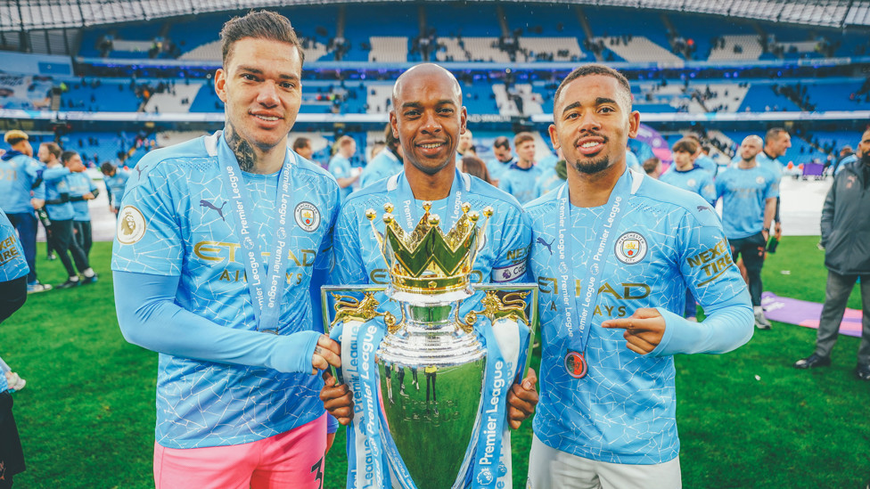 BRAZILIANT : Gabriel poses with the Premier League trophy alongside his fellow Brazilians Ederson and Fernandinho, 23 May 2021.