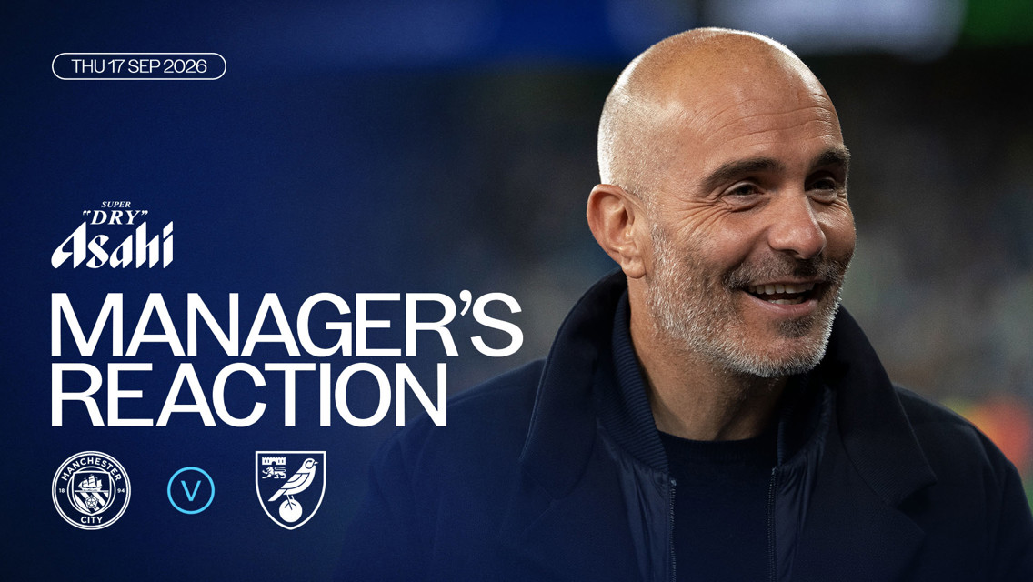 Image featuring a manager smiling with text detailing a post-match reaction for Manchester City vs Norwich City scheduled for Thu, 17 Sep 2026.