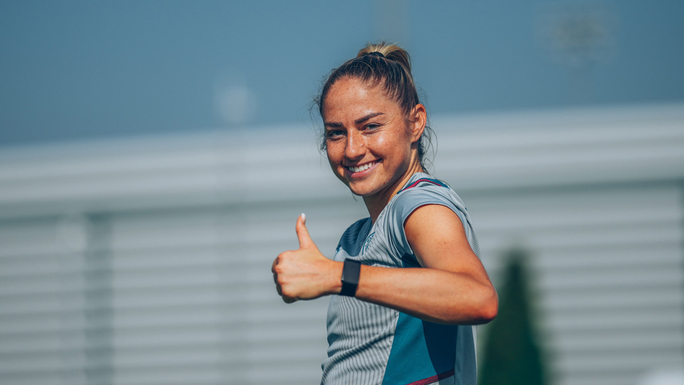 ALL SMILES: Janine Beckie was in positive mood during Tuesday's session