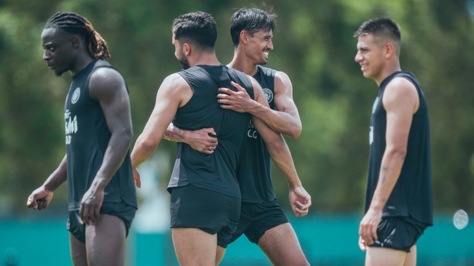 BLUES BROTHERS: Rayan Cherki and Tijjani Reijnders were in great spirits at Monday's session.