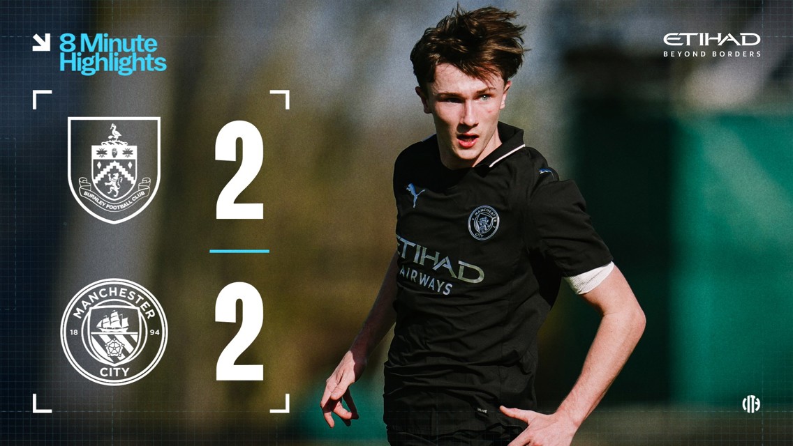 A graphic displaying the score between Burnley FC and Manchester City with both teams scoring 2 goals each. The player is wearing a Manchester City jersey with sponsors and logos visible.
