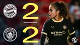 Image featuring a Bayern Munich vs Manchester City match score of 2-2, with a Manchester City player in the foreground wearing a black kit.