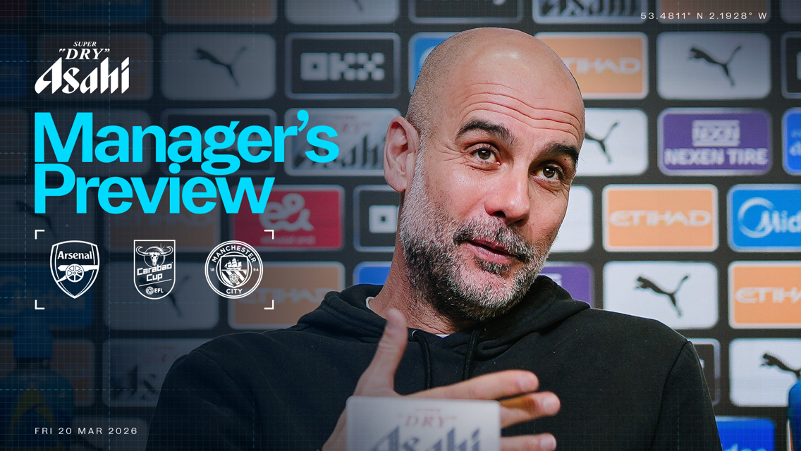 Event image showing logos for Arsenal, Carabao Cup, and Manchester City. Text includes 'Manager's Preview' and date 'Fri 20 Mar 2026'. Background features sponsorship logos.