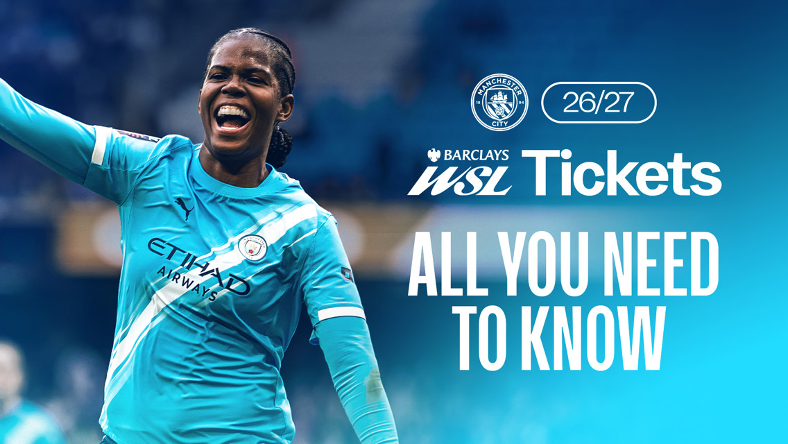 Manchester City Women's Super League tickets promotional image, featuring a player in the team kit and promotional text.