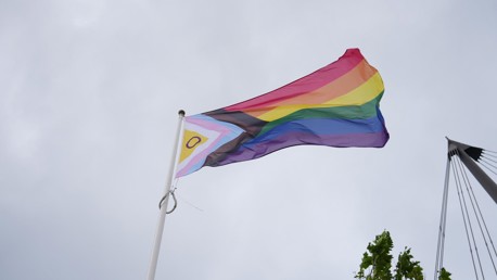 A Progress Pride Flag featuring additional intersex inclusion stripes and circle, flying on a flagpole against a cloudy sky.