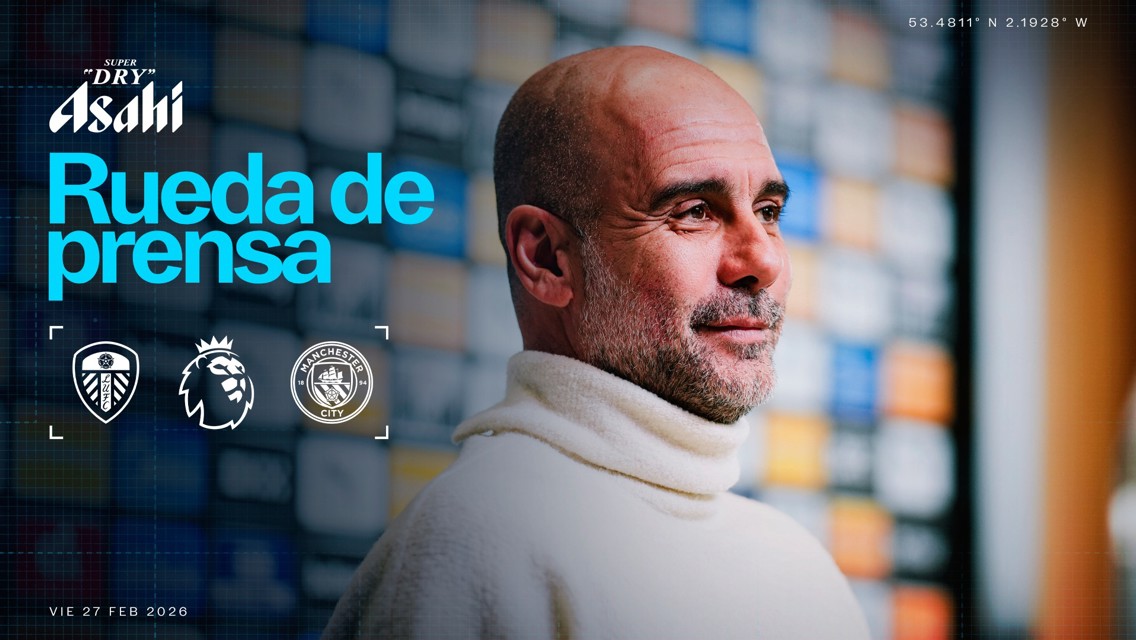 Promotional image for a press conference featuring logos of Leeds United, Premier League, and Manchester City on February 27, 2026.